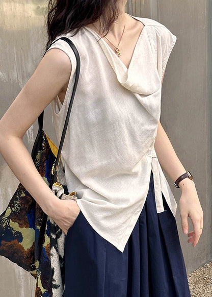 Beige Cotton Blouse Tops Turtle Neck Sleeveless