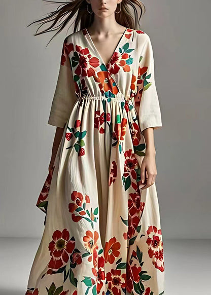 Beige V Neck Print Cotton Long Dresses Bracelet Sleeve