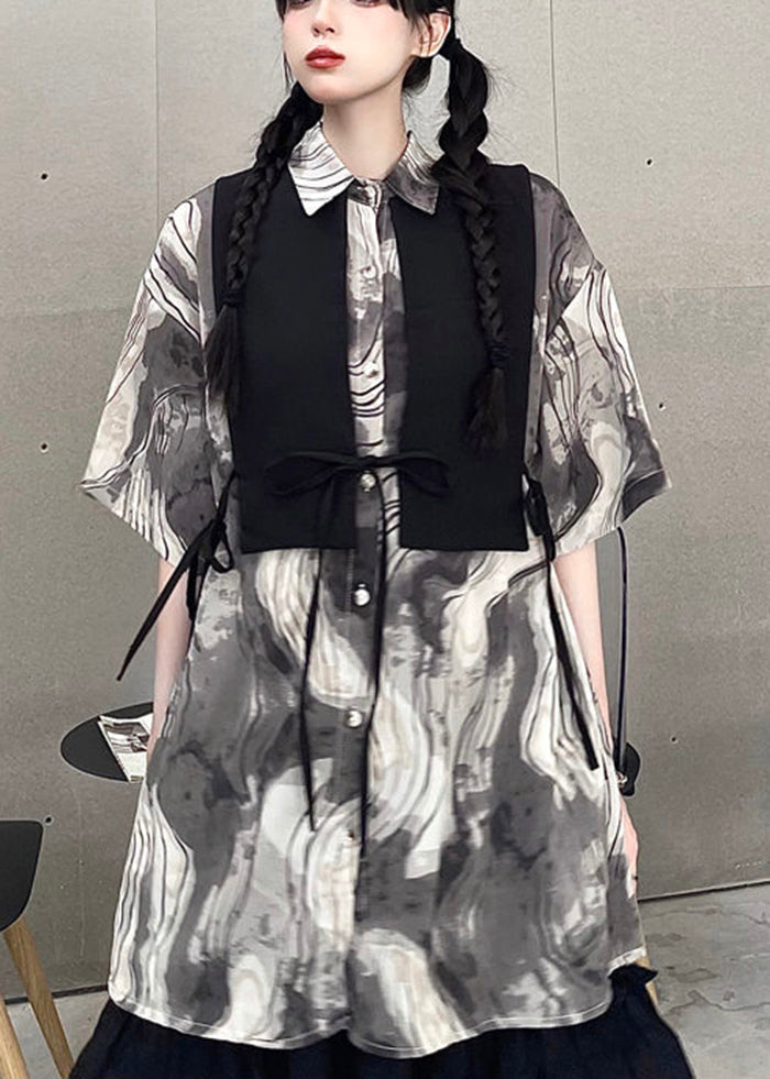 Original Design Oversized Tie Dye Lace Up Cotton Vest and Shirt Two Pieces Set Fall