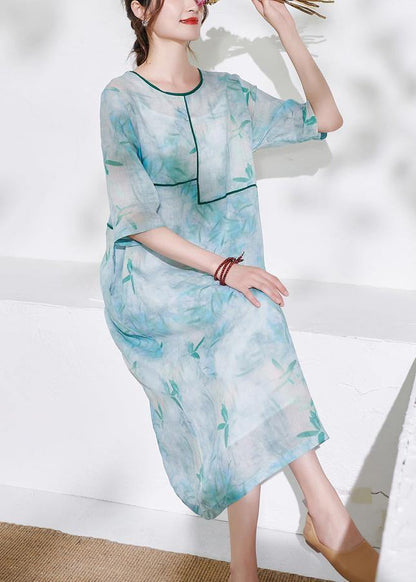 Light Green Patchwork Print Summer Ramie Dresses Half Sleeve