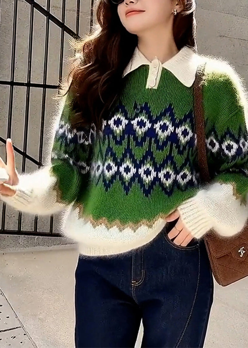 Green Oversized Print Thick Knitted Tops Winter