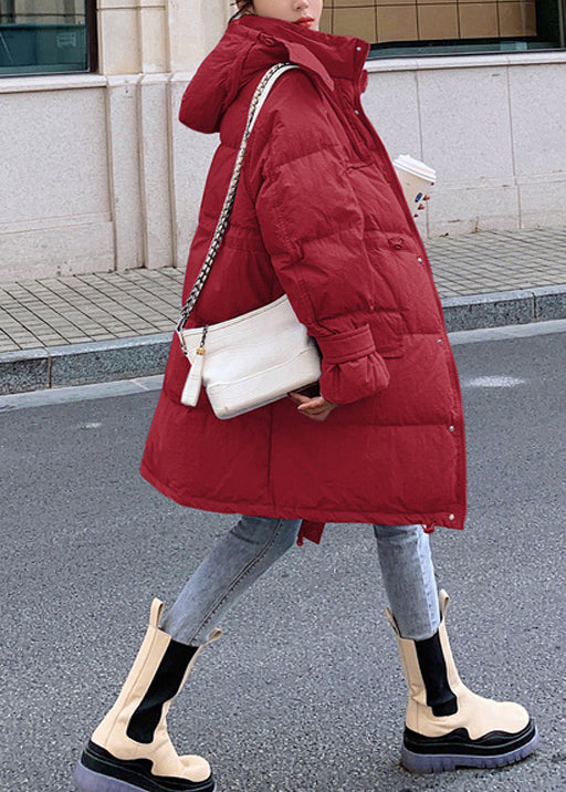 Red Pockets Hooded Drawstring Duck Down Coat Winter