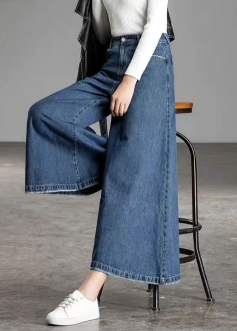 Navy Pockets Cotton Flare Pants Skirt High Waist Draping Summer