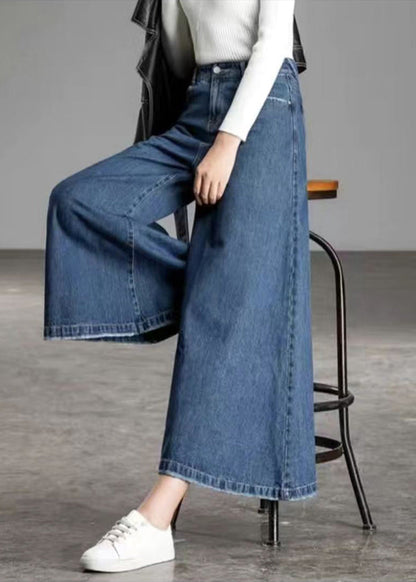 Navy Pockets Cotton Flare Pants Skirt High Waist Draping Summer