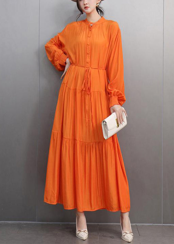 Fine Orange O-neck Patchwork Tie Waist Long Dresses Spring