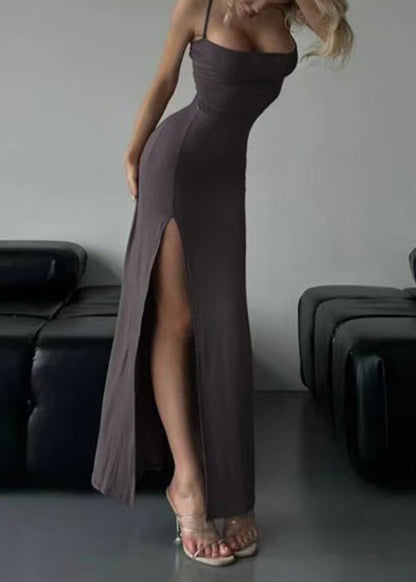 Grey Wrinkled Cotton Sleeveless Spaghetti Strap Dress Lace Up