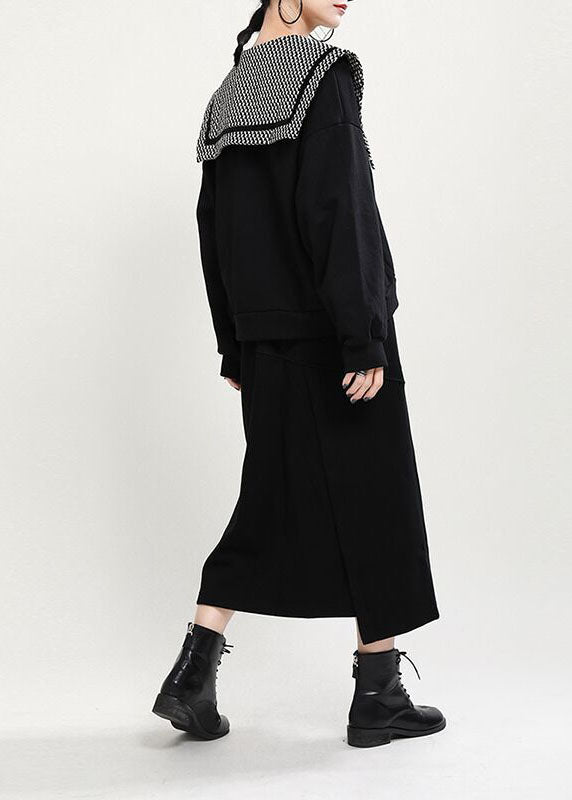 Black Peterpan Collar Button Print Fall Loose Sweatshirts Top