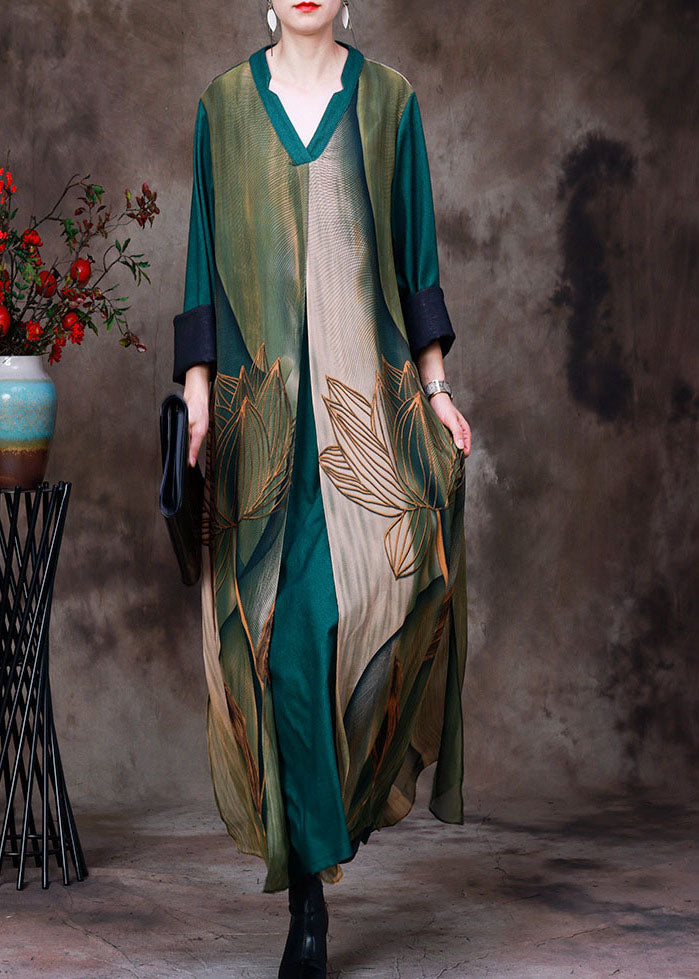 Green V Neck Patchwork Layered Silk Vacation Dresses Bracelet Sleeve