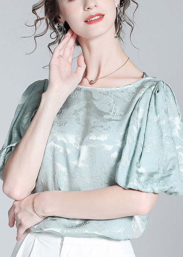 Baby Blue O-neck Jacquard Silk Top Puff Sleeve