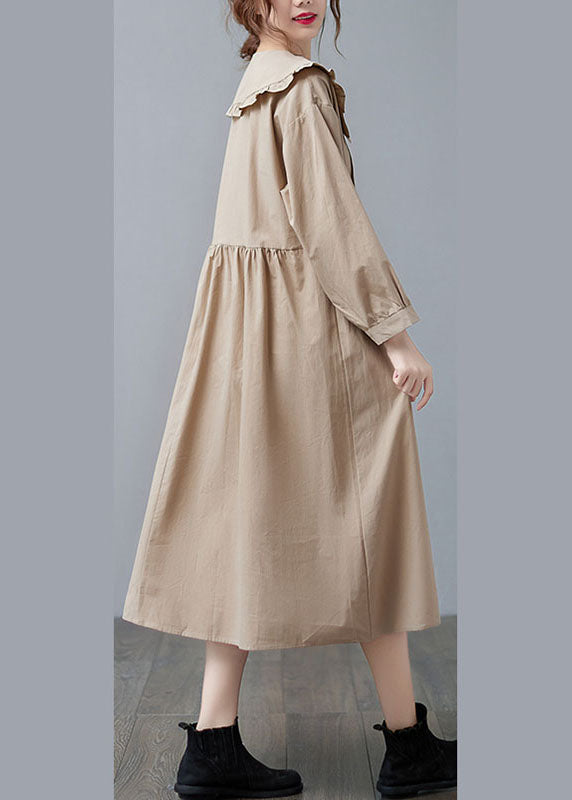 Apricot Ruffled Patchwork Button Fall Dress Long Sleeve