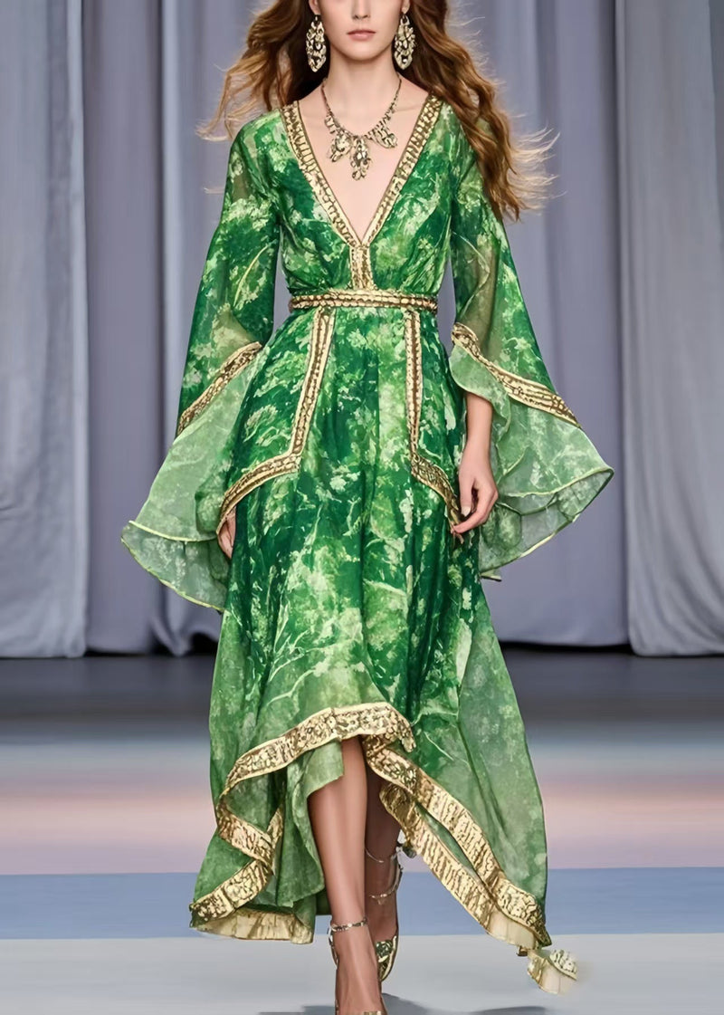 Grass Green Asymmetrical Design Chiffon Holiday Dress Flare Sleeve