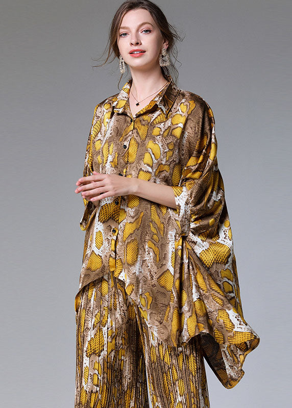 Natural Colorblock Peter Pan Collar Print Tops and Pants Chiffon Two Pieces Set Summer