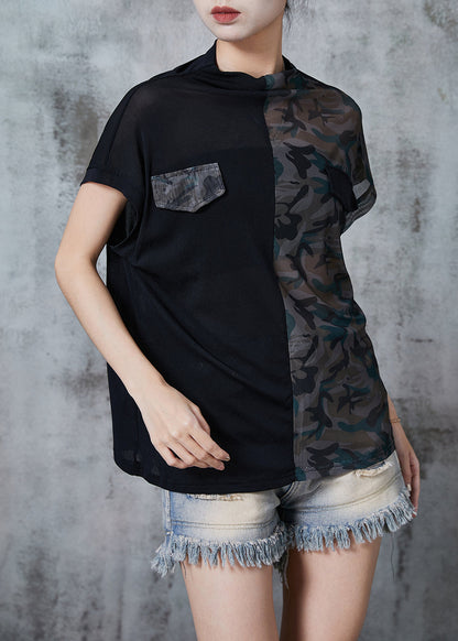 Black Stand Collar Patchwork Camouflage Tulle Tanks Summer
