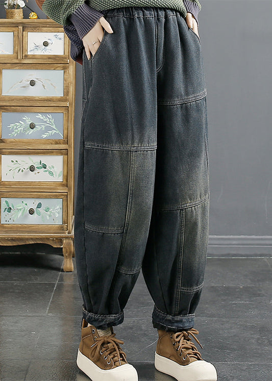 Blue Pockets Patchwork Elastic Waist Warm Fleece Denim Pants Fall