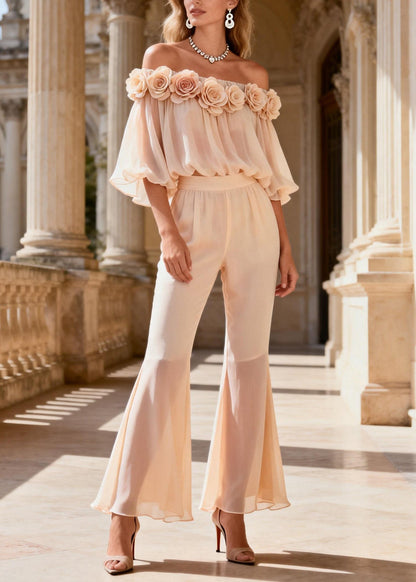 Fine Cold Shoulder Top and Pants Silk Two Pieces Set Summer