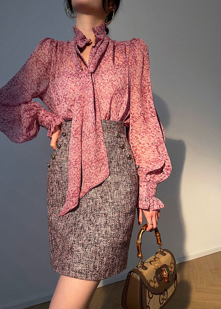 Boutique Light Purple O-neck Tassel Button Cotton Coats and Skirts Two-piece Set Fall