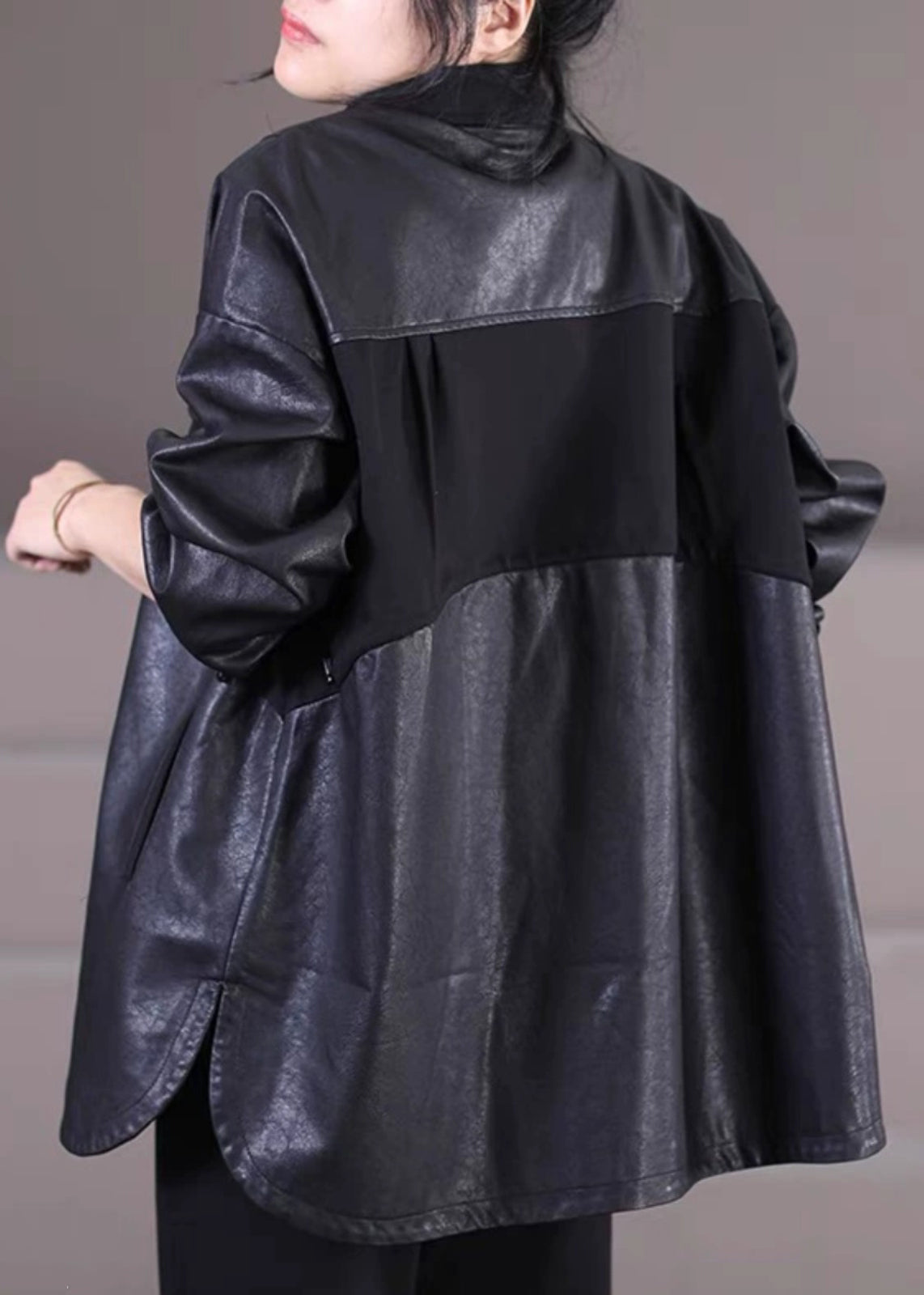 Black Oversized Patchwork Faux Leather Coat Outwear Spring