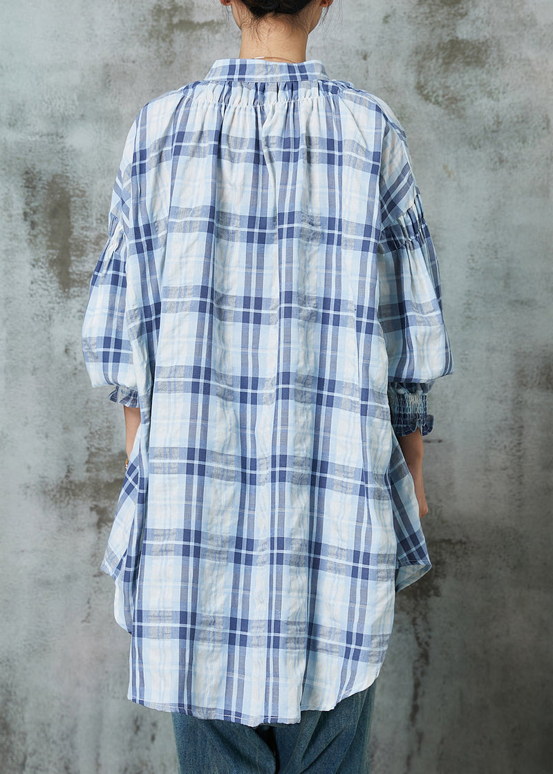 Blue Oversized Plaid Cotton Blouses Lantern Sleeve