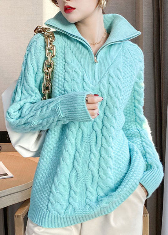 Natural Blue Zip Up Cozy Knitted Tops Spring