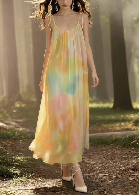 Yellow Tie Dye Backless Chiffon Spaghetti Strap Dress Sleeveless