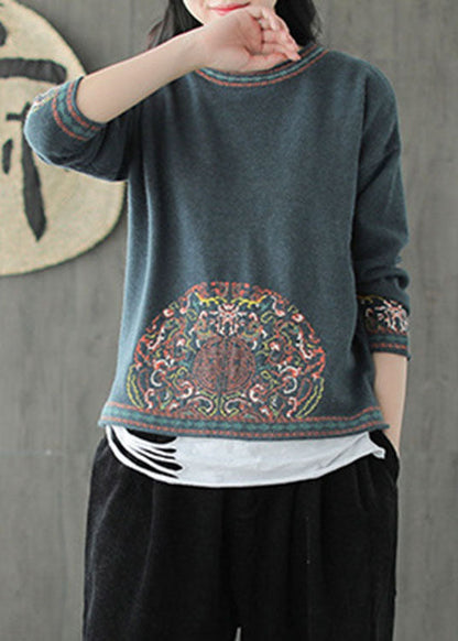 Blue Green O-neck Jacquard Fall Knit Sweater
