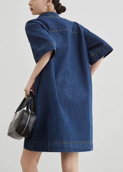 New Blue Peter Pan Collar Pockets Denim Mid Dress Summer