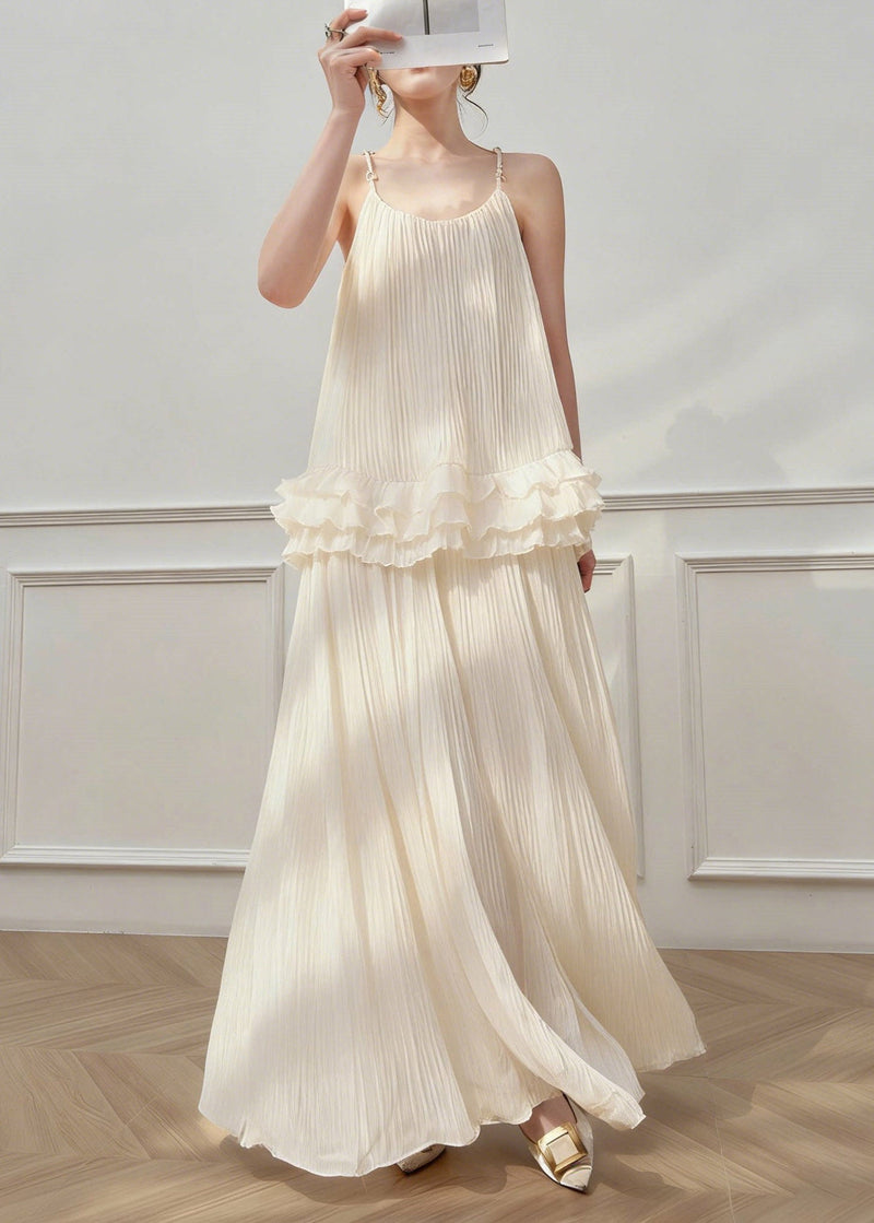 New White O-neck Vest and Maxi Skirts Two Pieces Set Sleeveless