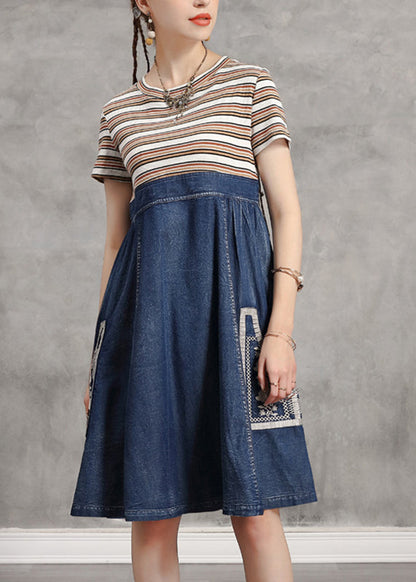 Blue O-neck Striped Knit Patchwork Denim Mid Dress Short Sleeve