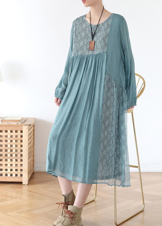 French Blue O-neck Patchwork Chiffon Vacation Dress Long Sleeve