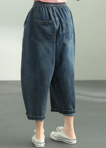 Loose Dark Blue Elastic Waist Oversized Big Pockets Cotton Denim Harem Pants Summer