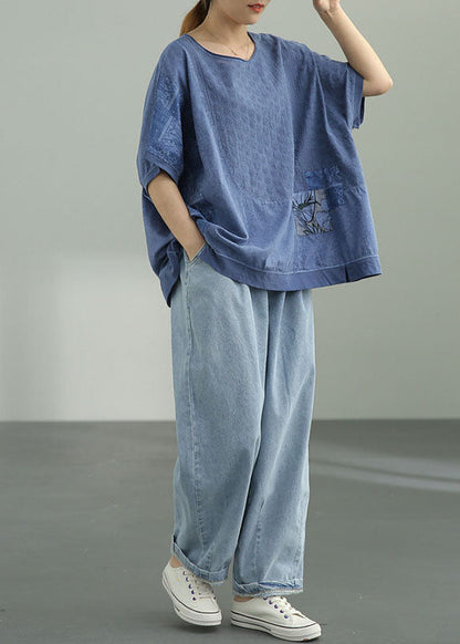 Natural Blue Loose O-neck Print Fall Tee Half Sleeve