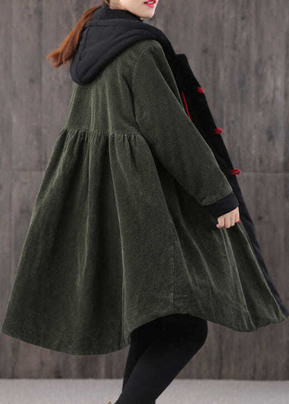 Tea Green Hooded Button Pockets Patchwork Winter Cotton Parka Long Sleeve Coat