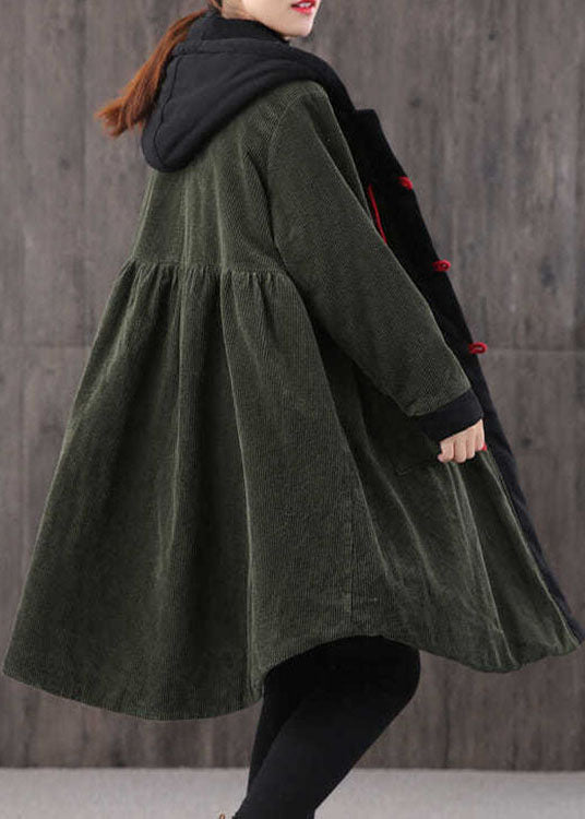 Tea Green Hooded Button Pockets Patchwork Winter Cotton Parka Long Sleeve Coat