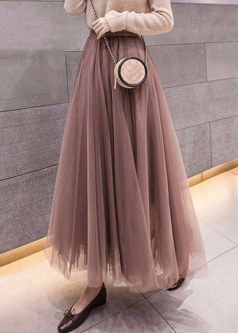 Simple Coffee Elastic Waist Tulle Skirt Spring