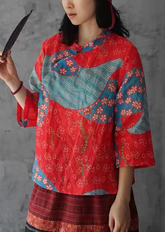 Red Stand Collar Print Linen Shirt Bracelet Sleeve
