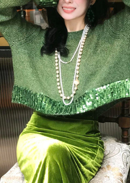 Green Hollow Out Cotton Knit Sweaters and Maxi Skirts Two Piece Set Winter