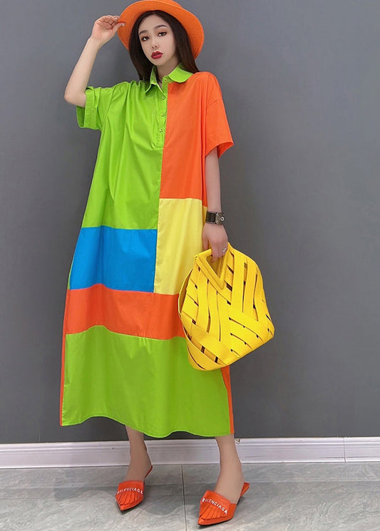 French Colorblock Peter Pan Collar Patchwork Cotton Dresses Short Sleeve