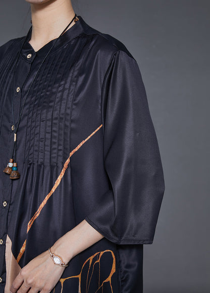 Black Print Wrinkled Silk Shirt Dress Summer