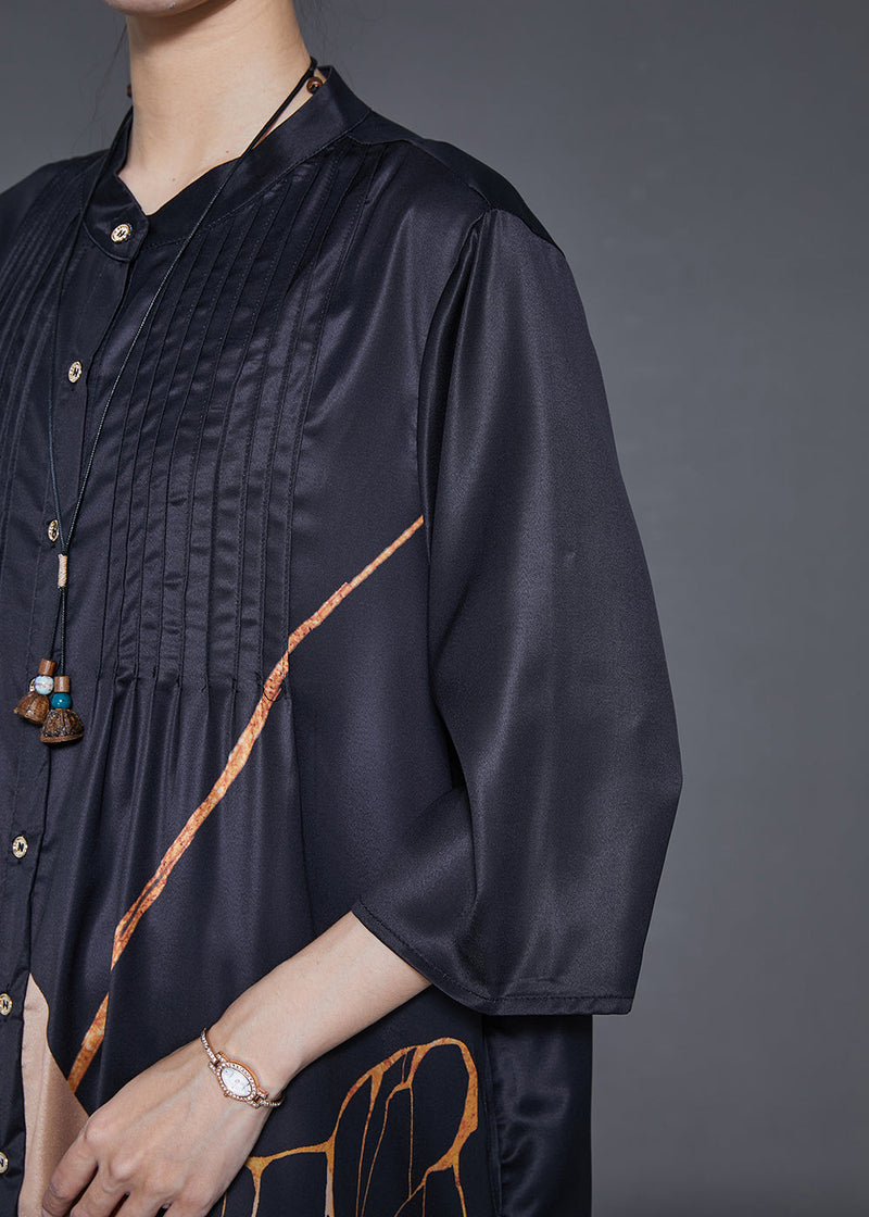 Black Print Wrinkled Silk Shirt Dress Summer