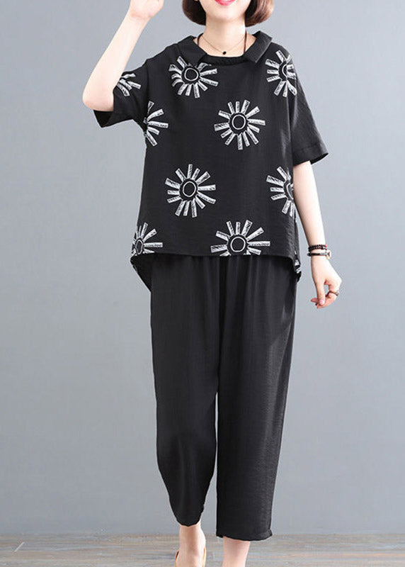 Black Print O-neck Top and Crop Pants Two Pieces Sets Summe