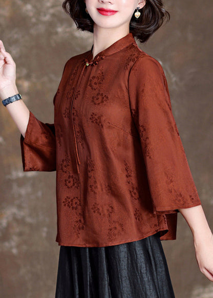 Orange Stand Collar Tasseled Print Silk Shirt Tops Bracelet Sleeve