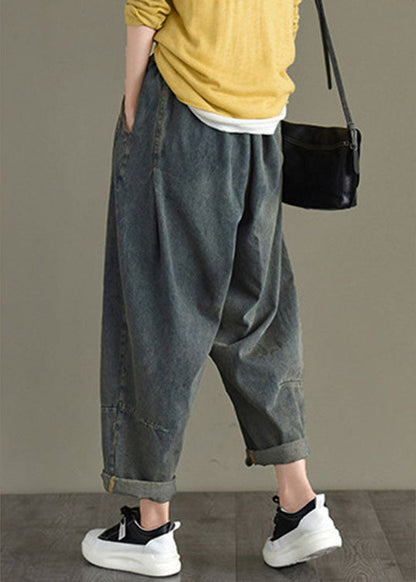 Blue Retro Pockets Harem Fall Denim Pants