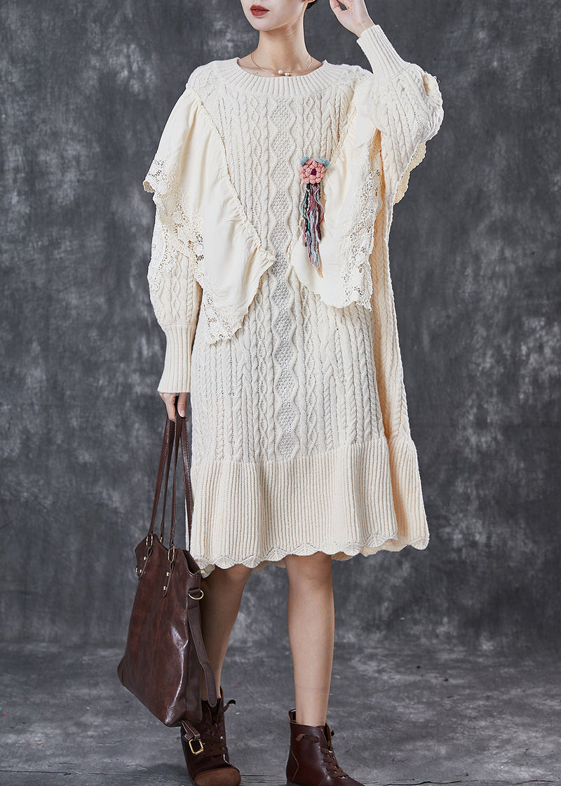 French Apricot Ruffleds Patchwork Knit Sweater Dress Winter