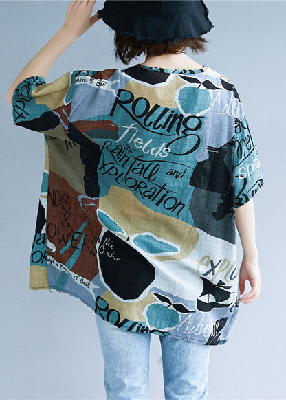 Colorblock Oversized Print Cotton Tops Summer