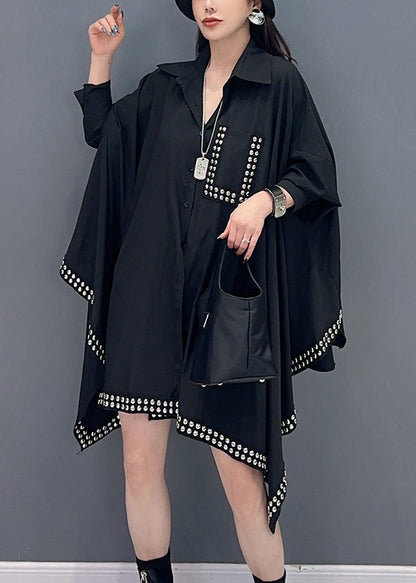 Loose Black Asymmetrical Rivet Patchwork Cotton Shirts Batwing Sleeve