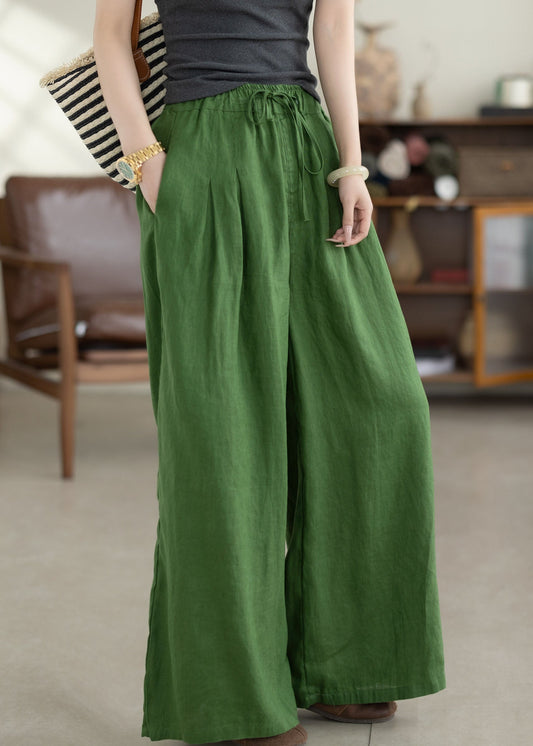 Green Pockets Elastic Waist Linen Pants Summer