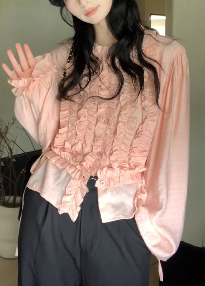 Pink O-neck Ruffled Chiffon Top Lantern Sleeve