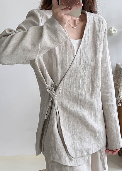 Chinese Style White V Neck Lace Up Linen Shirt Top Spring
