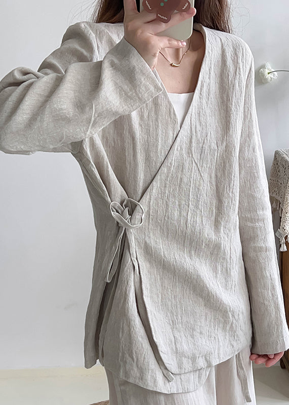 Chinese Style White V Neck Lace Up Linen Shirt Top Spring
