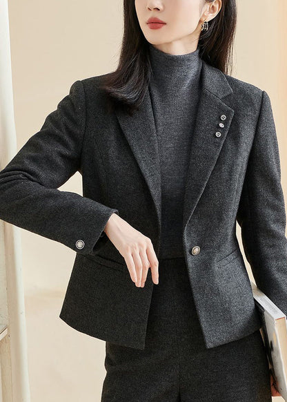 Classy Black Notched Pockets Patchwork Coats Fall